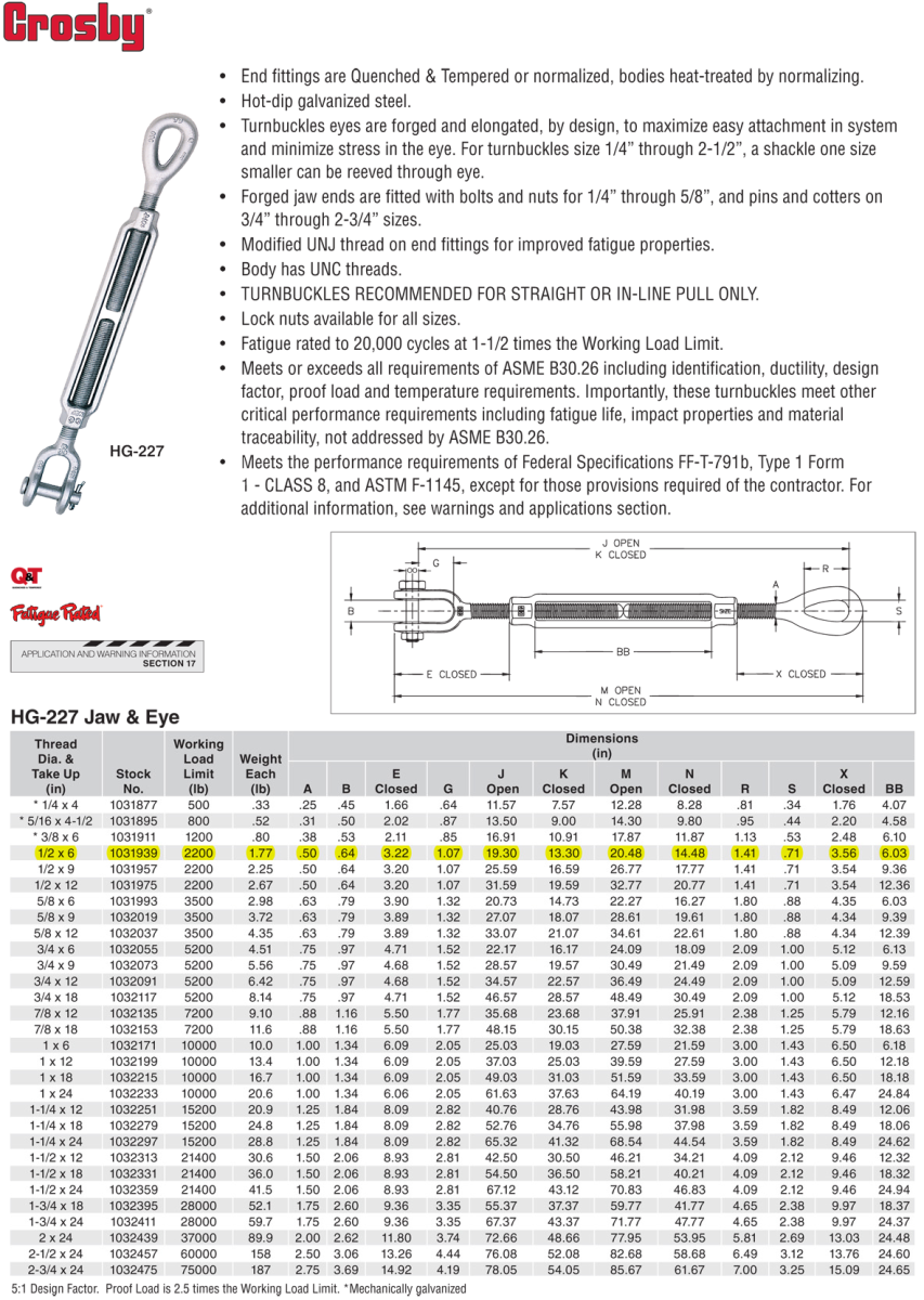 1/2x6 inch Crosby HG227 Jaw&Eye Turnbuckles Wesco Industries